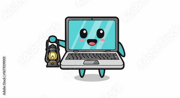 Fototapeta Cartoon laptop character holding lantern, ready to light the way.