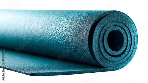 Fototapeta Textured teal yoga mat rolled tightly reflecting light, isolated on a transparent field