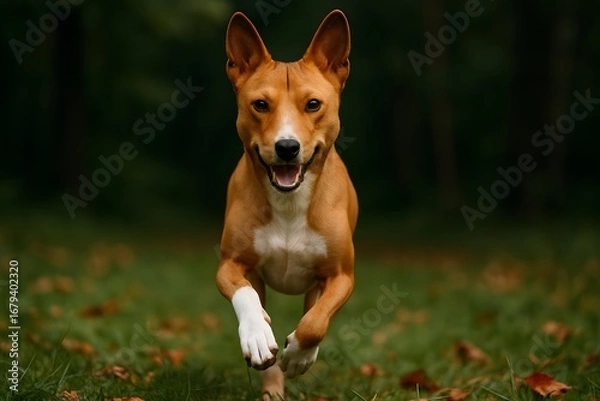 Fototapeta Basenji Dog Running Toward Camera on Grass with Autumn Leaves and Upright Ears in Outdoor Setting