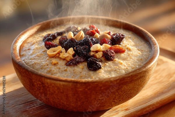 Fototapeta A steaming bowl of millet porridge topped with mixed nuts and dried fruits, radiating warmth and comfort, perfect for a healthy breakfast or snack