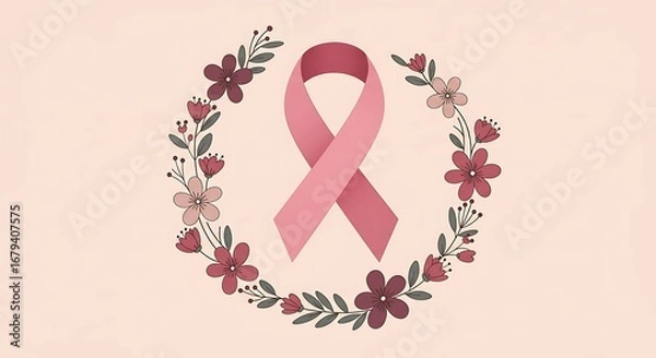 Fototapeta Pink Ribbon Surrounded by Delicate Floral Wreath on Soft Peach Background