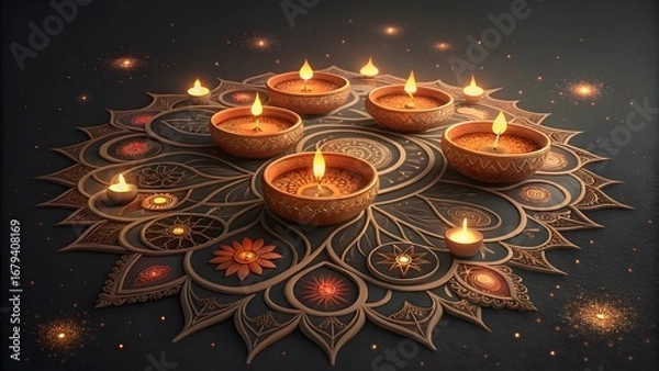 Fototapeta Beautiful diwali diya arrangement on intricate rangoli design with festive lights