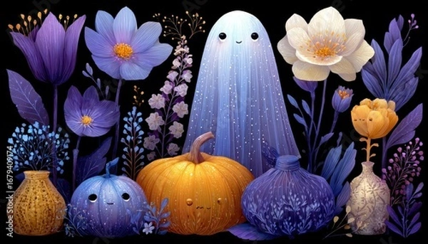 Fototapeta Groovy Halloween set with ghost, pumpkin, flowers, and expressive decorations.