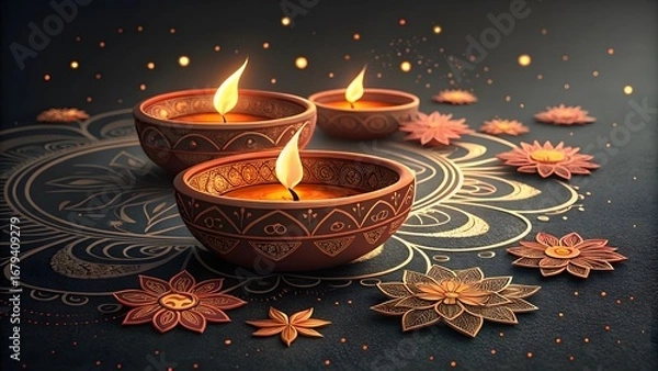 Fototapeta Warm glowing diyas and floral decorations on a dark background with bokeh lights