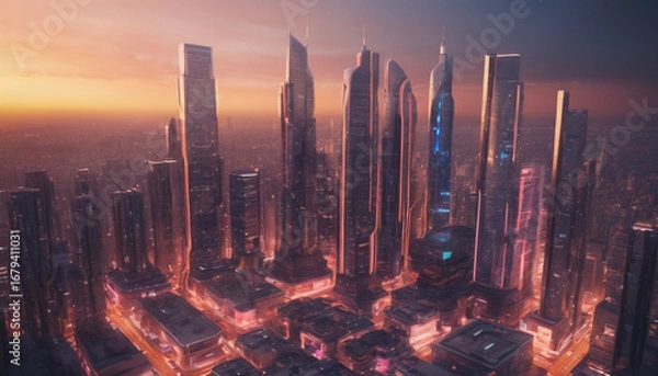 Obraz Sunset view over digital metropolis