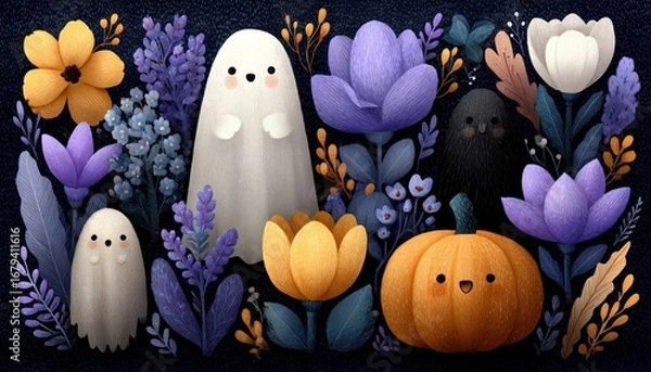 Fototapeta Groovy Halloween set with ghost, pumpkin, flowers, and expressive decorations.