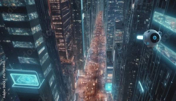 Obraz Hovering drones above smart city