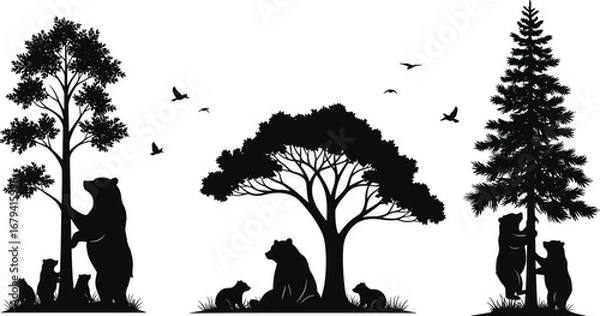 Fototapeta A collection of black and white silhouettes of mother bears with their cubs and trees.