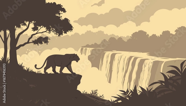 Obraz "A vector art of lone tiger walking along the edge of a misty waterfall, early morning fog, dramatic golden sunlight breaking through clouds, ultra-detailed cinematic wildlife photography, high-resolu