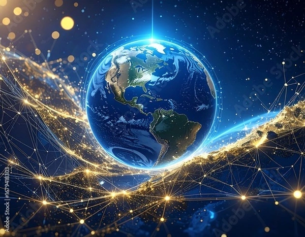Obraz A vibrant representation of the Earth, enveloped by a network of interconnected global connections, showcases the intricate web of global communication.