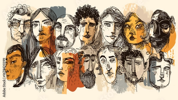 Fototapeta Abstract illustration of diverse faces with various expressions.