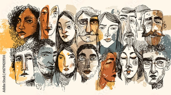 Fototapeta Abstract illustration of diverse faces with various expressions.
