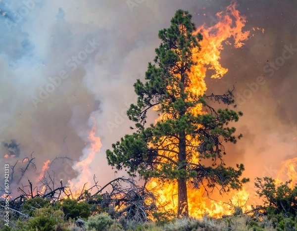 Fototapeta A lone pine tree stands defiant amidst a raging wildfire, its vibrant green foliage contrasting sharply with the intense orange flames.