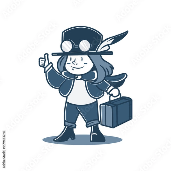 Obraz Cartoon Witch Traveler in Steampunk Hat vector Illustration mascot design character retro style