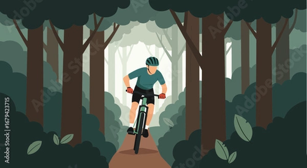 Obraz Man riding a mountain bike in a forest environment with trees illustration artwork