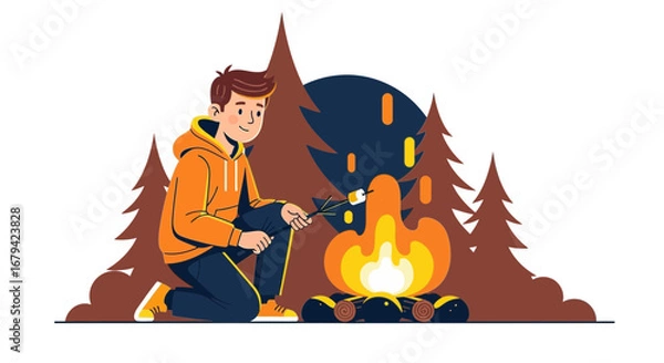 Obraz Man roasting a marshmallow at a campfire in a serene forest setting