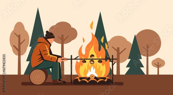 Obraz Man roasting chestnuts over a campfire in the forest during autumn season