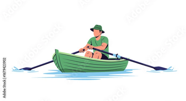 Obraz Man Rowing Boat On Calm Green Water, Enjoying Outdoor Recreation Activity.