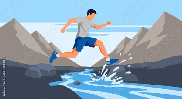 Obraz Man running and jumping over water with mountains in the background, trail runner illustration