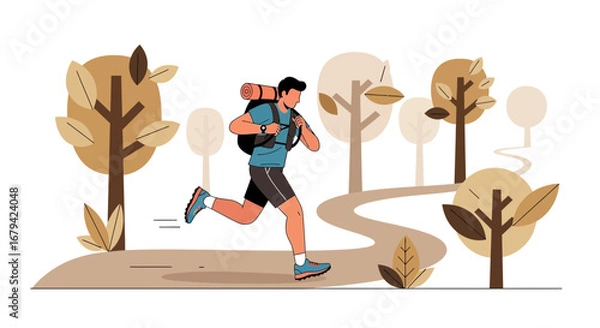 Obraz Man Running In The Woods Trail With A Backpack, Nature, Outdoor, Illustration