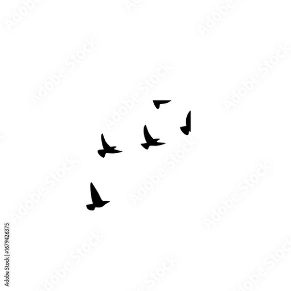 Fototapeta Birds flock flying silhouettes vector illustration, geese in autumn triangle formation, postcard greeting design, monochrome isolated white background.