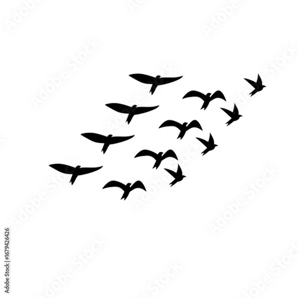 Fototapeta "Vector flock of flying birds silhouettes, geese triangle autumn formation, monochrome postcard greeting card, sky illustration isolated background.