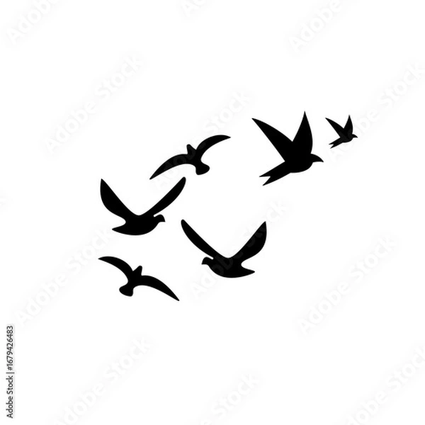 Fototapeta Vector flock of flying geese silhouettes, birds triangle in sky, postcard greeting illustration, monochrome card, autumn isolated background."
