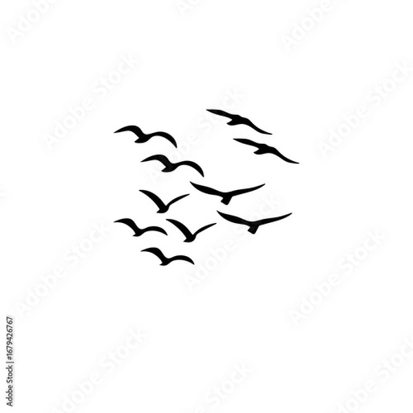 Fototapeta "Vector flying birds flock illustration, geese silhouettes in triangle formation, greeting card or postcard design isolated on white background."