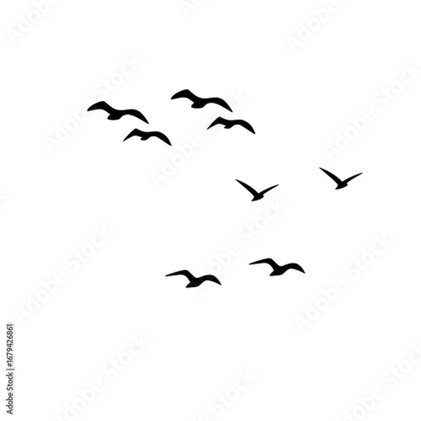 Fototapeta "Vector birds flying in flock, geese silhouettes triangle design, autumn sky postcard illustration, greeting card monochrome artistic style."