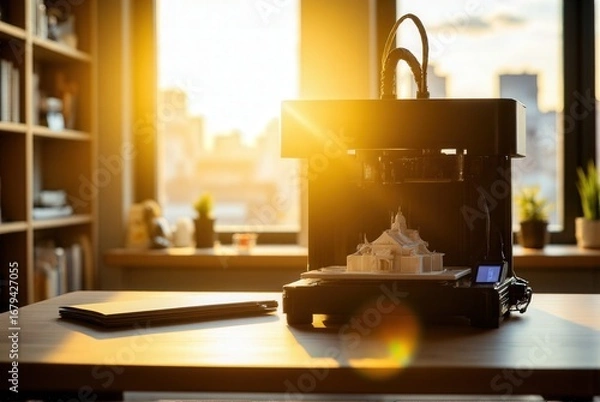 Fototapeta 3d printing machine: Compact 3D printer on wooden desk printing a miniature architecture model, with sunlight streaming through the window, surrounded by plants and a bookshelf.