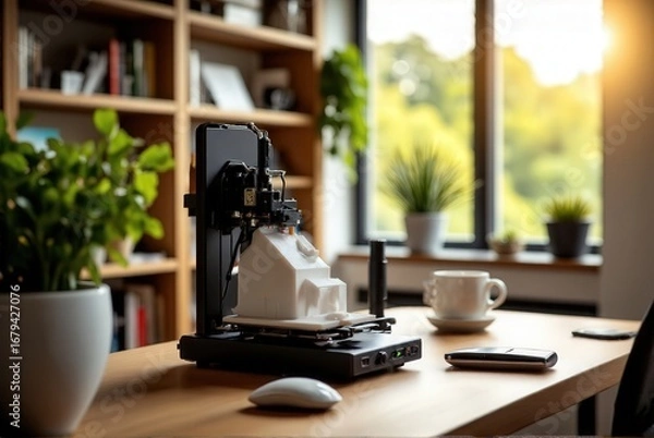 Fototapeta 3d printing machine: Compact 3D printer on wooden desk printing a miniature architecture model, with sunlight streaming through the window, surrounded by plants and a bookshelf.