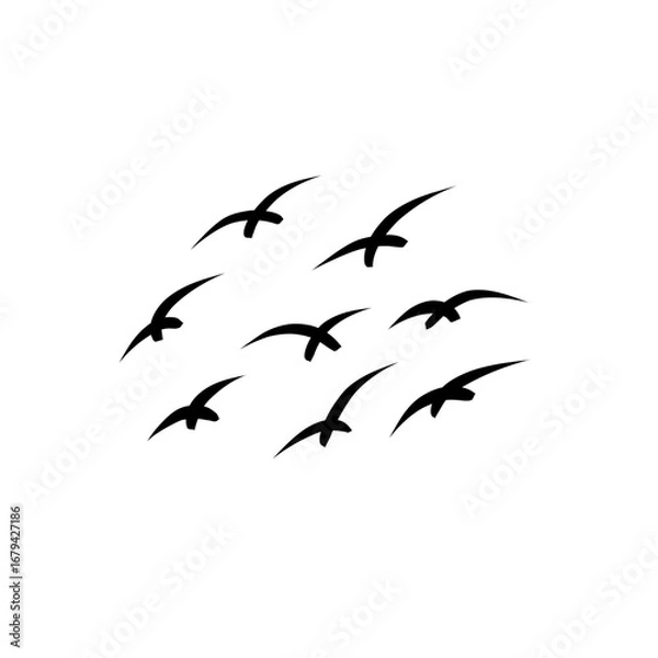 Fototapeta "Vector birds flock in flight, hand drawn geese silhouettes, postcard design illustration isolated against white background, autumn sky."