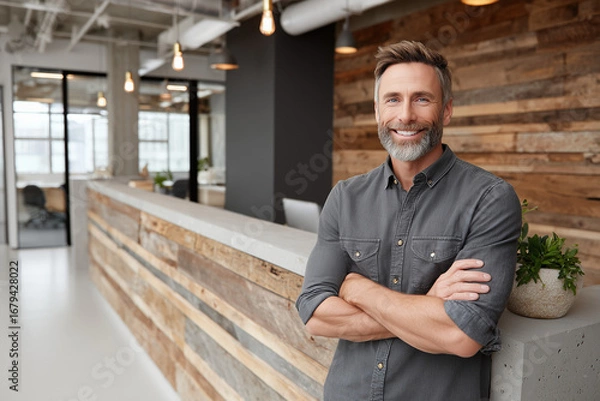 Fototapeta A confident man stands in a stylish reception area with wooden panels and modern decor. He is smiling warmly while crossing his arms, creating a welcoming atmosphere for visitors