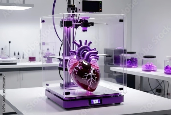 Fototapeta 3d printing machine: SLA 3D printer in sterile medical lab printing a transparent anatomical heart model, with the UV resin vat glowing purple under precise conditions.