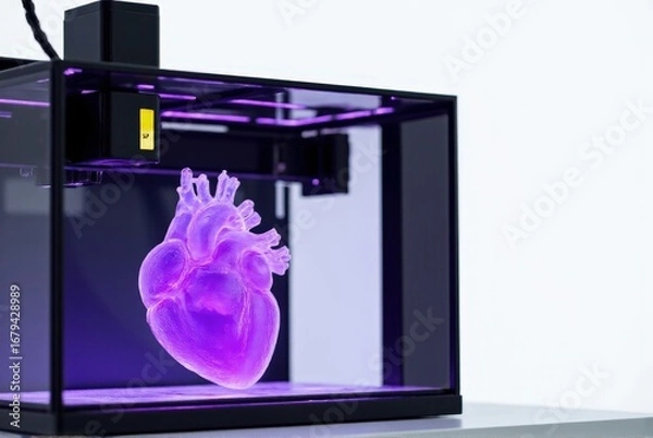 Fototapeta 3d printing machine: Advanced SLA 3D printer producing an anatomical transparent heart in a sterile lab environment, featuring a purple UV resin vat for precise medical modeling.