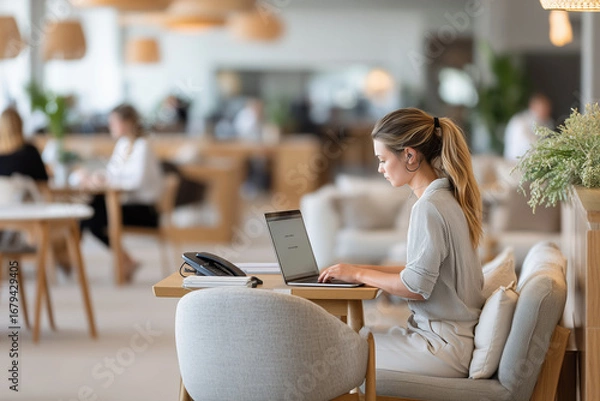 Fototapeta A woman sits focused at a stylish workstation, typing on her laptop in a contemporary office setting. Colleagues engage in discussions nearby, creating a lively atmosphere