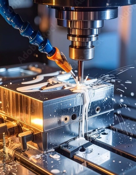 Fototapeta CNC milling machine processing on steel with cooling