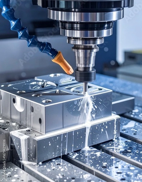 Fototapeta CNC milling machine processing on steel with cooling