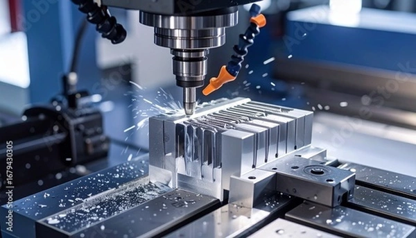 Fototapeta CNC milling machine processing on steel with cooling