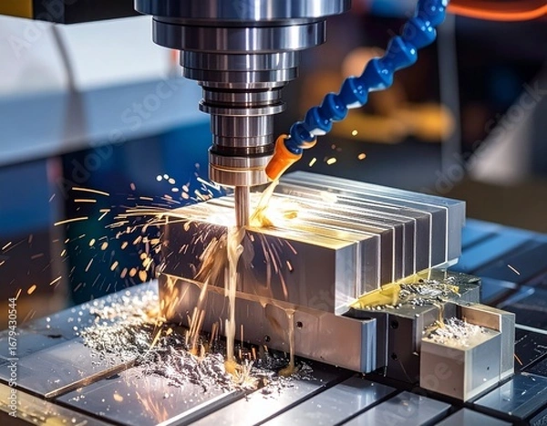 Fototapeta CNC milling machine processing on steel with cooling