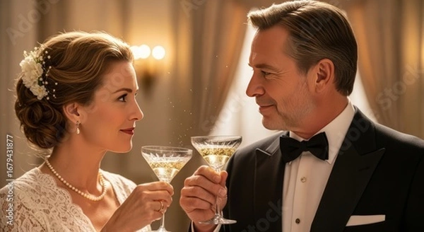 Fototapeta Elegant Couple Toasting with Champagne in Formal Attire
