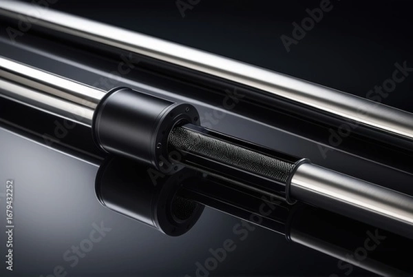 Fototapeta 3d printing machine: Close-up of glossy black offset ink in stainless steel duct alongside a fiber-optic digital data cable, highlighting precision and cleanliness in the printing press setup.