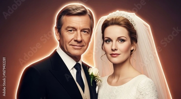 Fototapeta Elegant Wedding Couple Smiling Bride and Groom in Formal Attire with Neutral Background