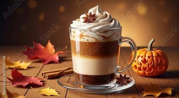 Fototapeta Festive Pumpkin Spice Latte with Cream and Maple Leaves on Wood Surface