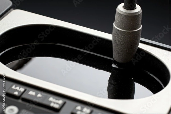 Fototapeta 3d printing machine: Viscous black offset ink pooled in a stainless-steel ink duct, paired with a sleek fiber-optic digital data cable housing in a spotless modern printing press environment.