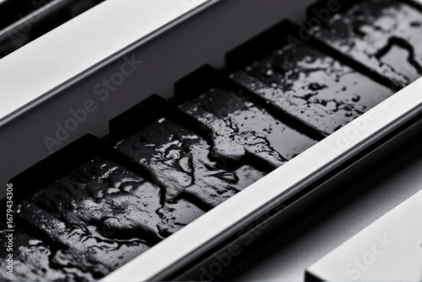 Fototapeta 3d printing machine: The deep, viscous pool of rich black offset ink in a pristine stainless-steel ink duct, next to the sleek, dust-free housing of a fiber-optic digital data cable leading into press