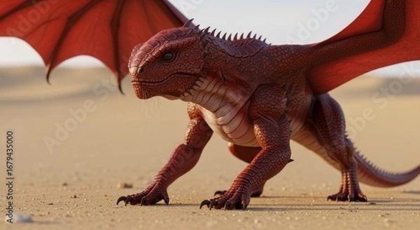Fototapeta Red Dragon Crawling on Sandy Ground with Open Wings