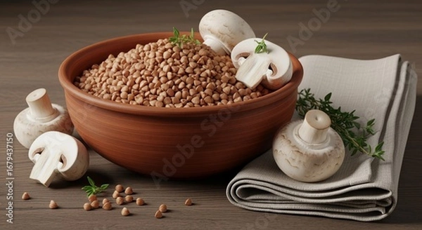 Fototapeta Buckwheat in Rustic Bowl with Mushrooms on Wooden Table