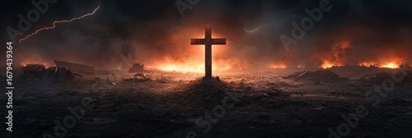 Fototapeta Dramatic cross in apocalyptic landscape with dark clouds