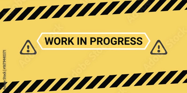 Fototapeta Work in Progress. Under Construction. A modern vector banner with warning stripes and a futuristic font for a website maintenance page, a "coming soon" announcement, or an app update screen.